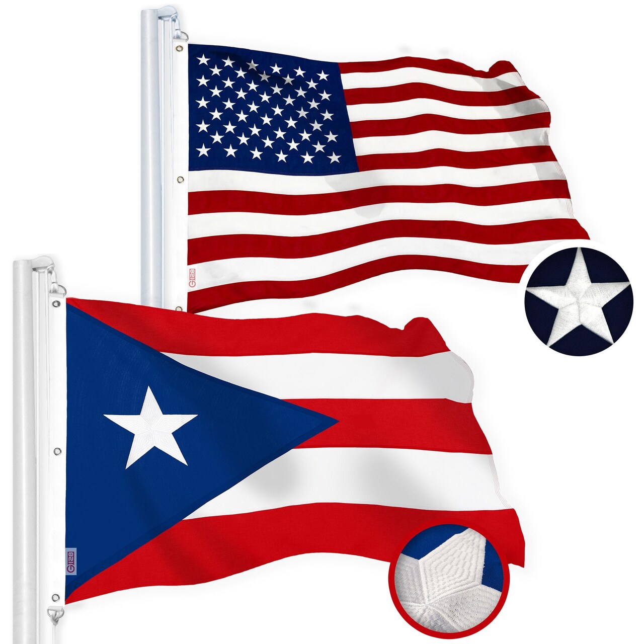 G128 Combo Pack: American USA Flag 5x8 Ft & Puerto Rico Flag 5x8 Ft, Both Embroidered SPUN Polyester, Indoor/Outdoor, Brass Grommets